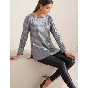 Chicos Houndstooth Sequin Gray Tunic Lined Top Holiday Party Size 1 Medium
